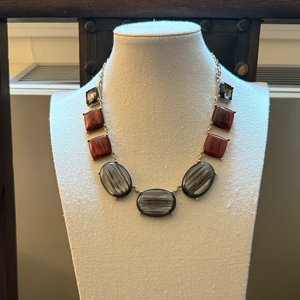 The Limited Gray & Red Lucite Gold Tone Signed Statement Necklace.